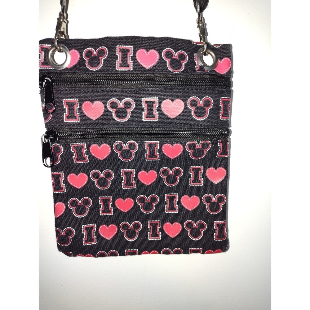 Disney Mickey Mouse Crossbody Passport Bag Triple Zip Black Pink Heart Travel